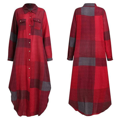 Ladies Plaid Shirt Feeling Relaxed Daily Long Dress 9237