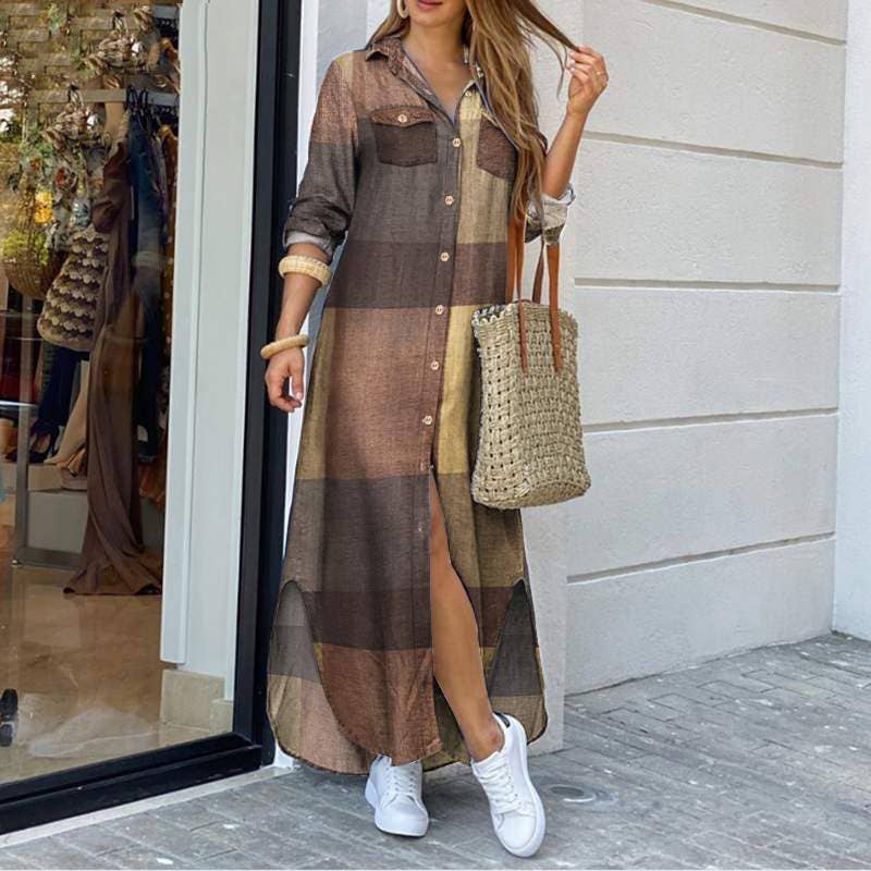 Ladies Plaid Shirt Feeling Relaxed Daily Long Dress 9237