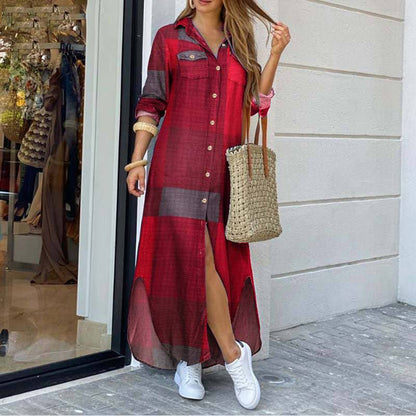 Ladies Plaid Shirt Feeling Relaxed Daily Long Dress 9237