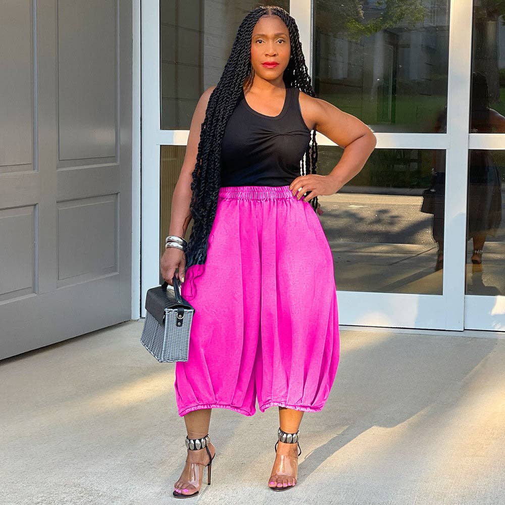 Denim Cropped Pants with Elastic Waist