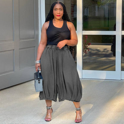 Denim Cropped Pants with Elastic Waist